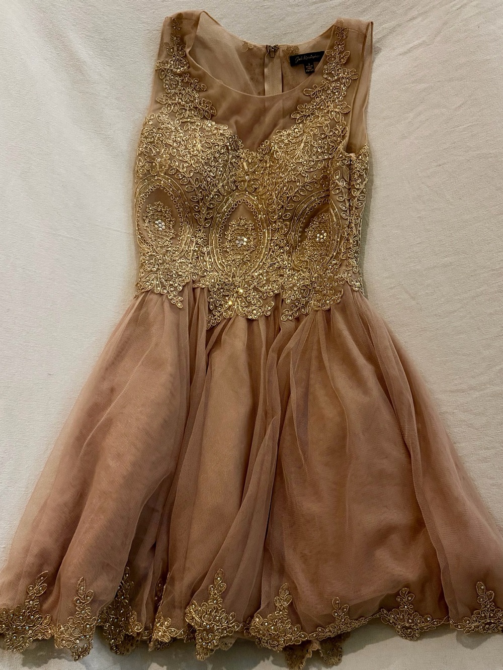 Jodi Kristopher Gold Lace Rhinestone Bodice Tulle Homecoming Prom Dress Size 3
